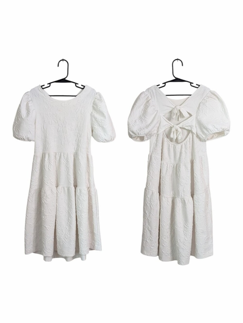 Zara Girl Ivory White Jacquard Tiered Dress Size 9Y Puff Sleeve Back Bow Party